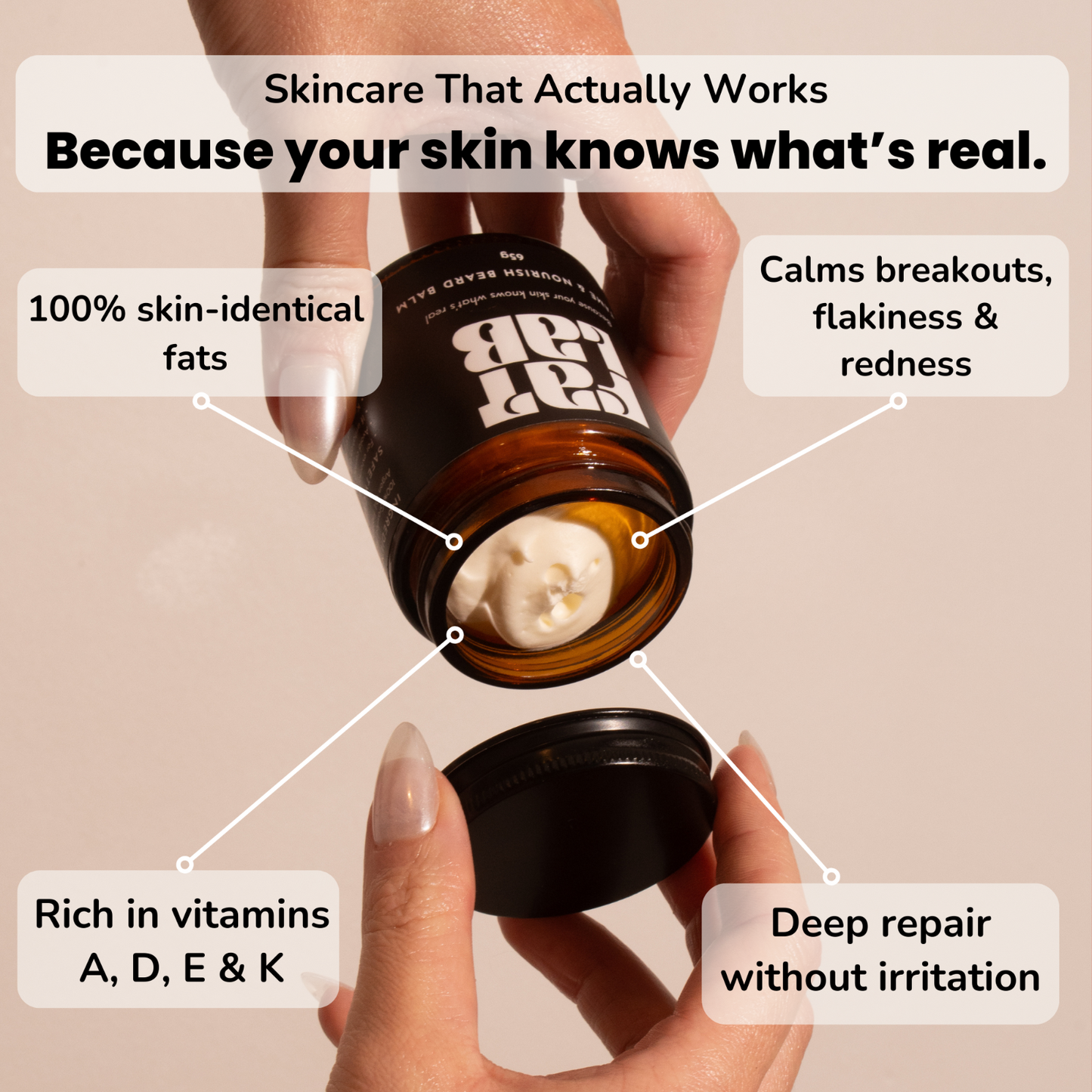 Hand holding a jar of skincare product with text highlighting its benefits on a beige background