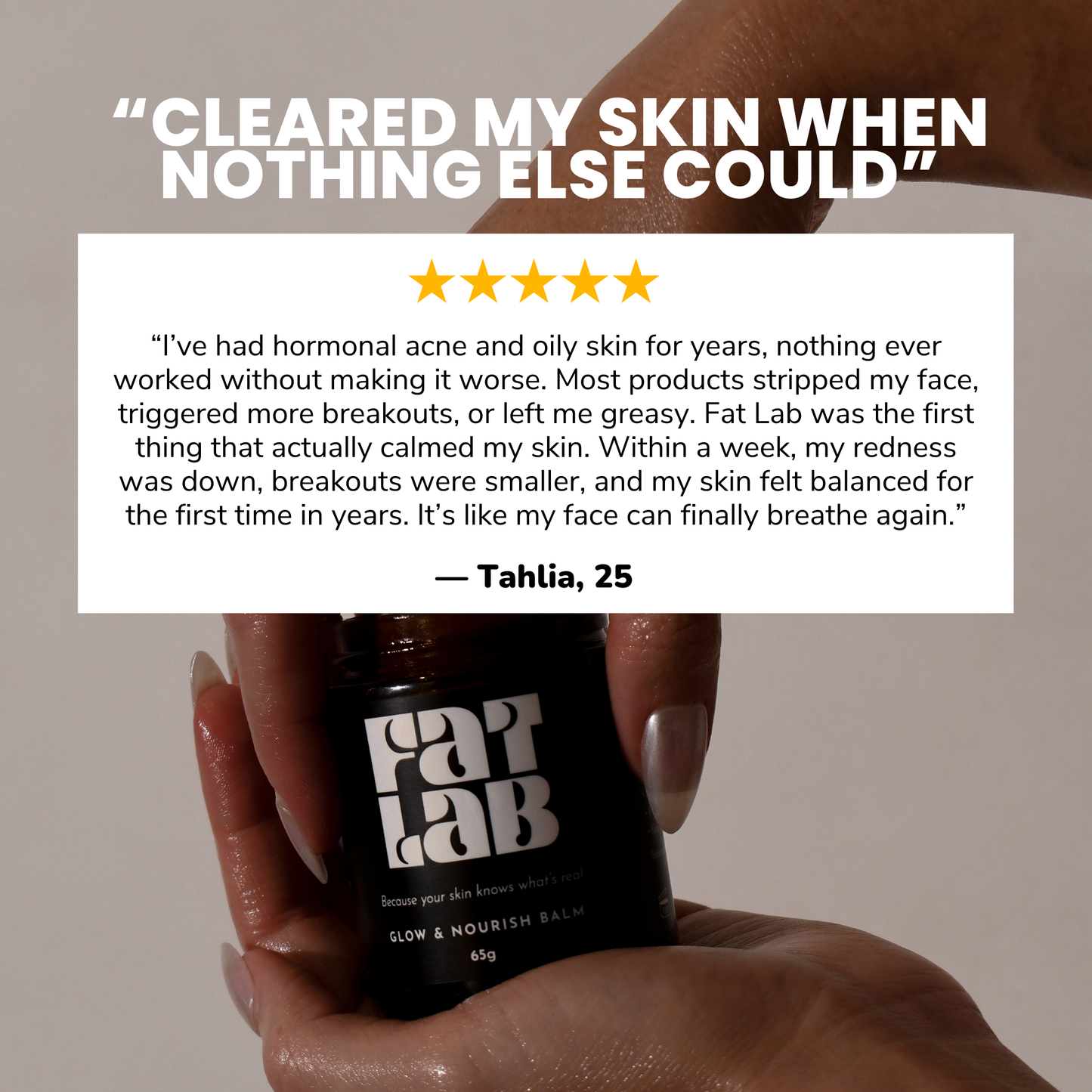 A screenshot of a customer review over a photo of someone holding a jar of beef tallow
