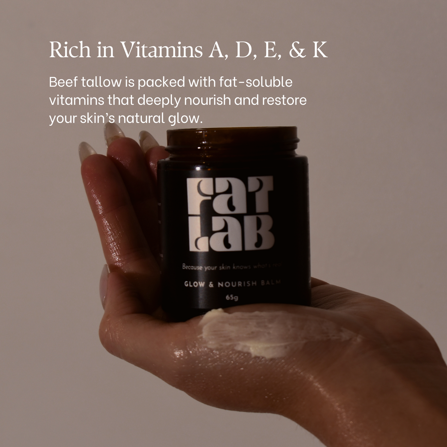 Beef tallow benefits text over someone holding a jar of beef tallow