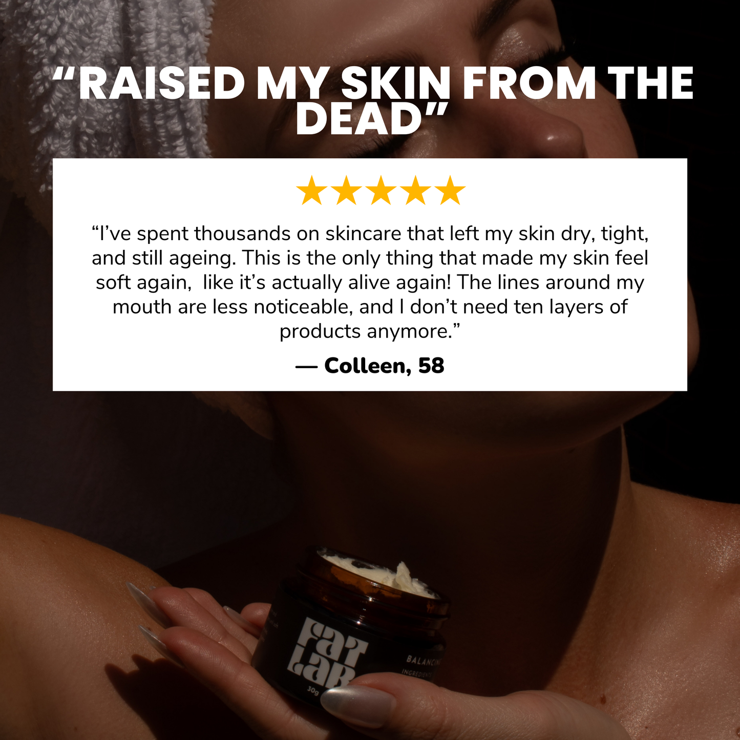 A screenshot of a customer review over a person wearing beef tallow
