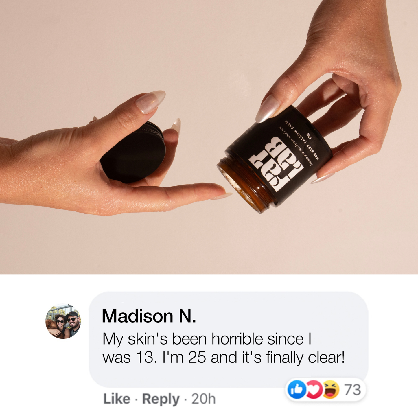 A photo of a jar of tallow with a customer review on the page