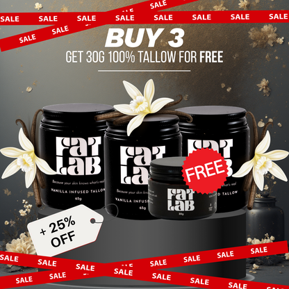 Vanilla Infused 100% Beef Tallow Moisturiser: 3 Month Supply Bundle (25% Off + Free Pure Tallow Glow 30g Jar)