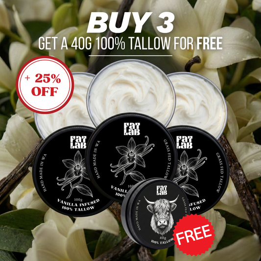 Vanilla Infused 100% Beef Tallow Moisturiser: 3 Month Supply Bundle (25% Off + Free Pure Tallow Glow 40g Jar)