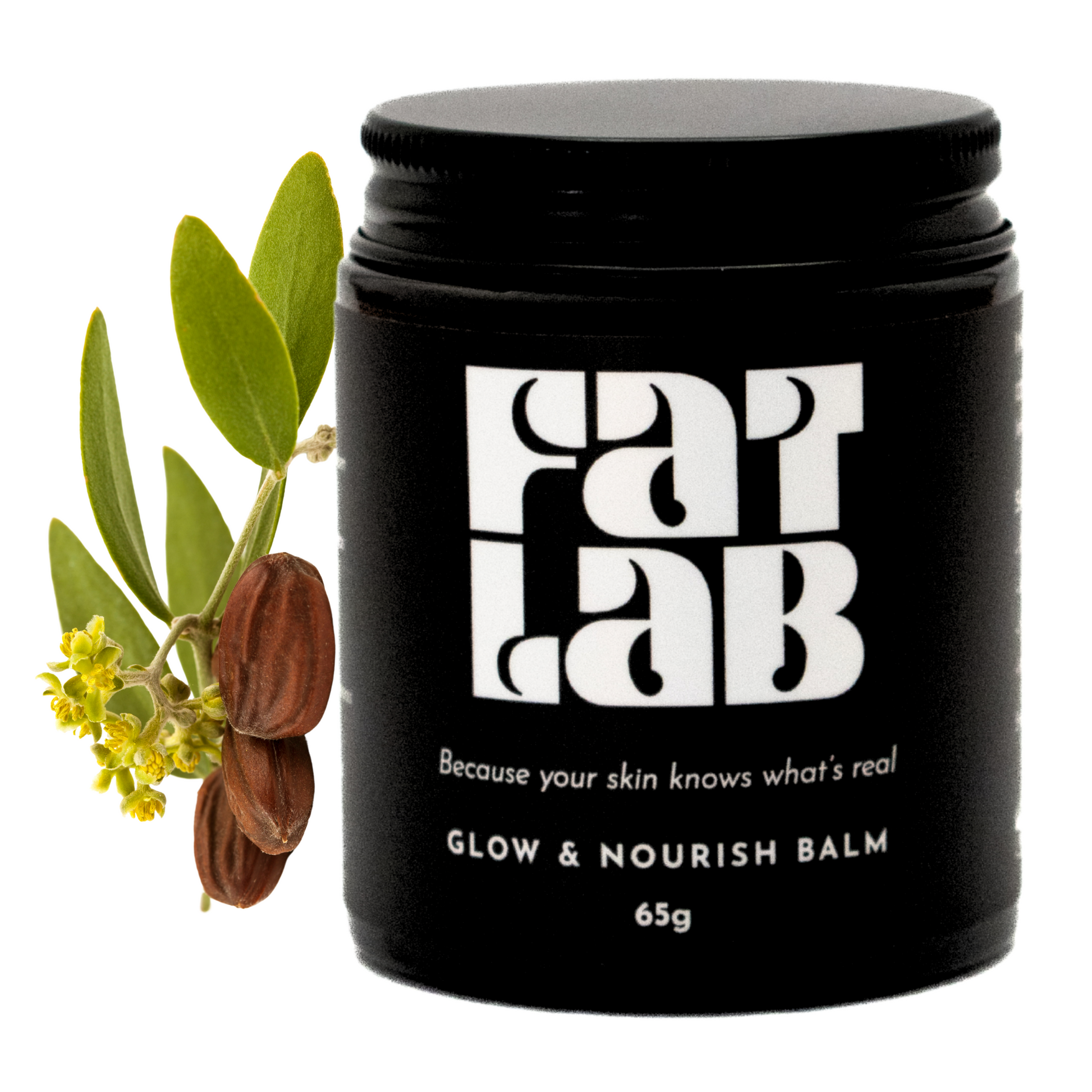 A black jar labeled 'GLOW & NOURISH BALM' by FAT LAB with a weight of 65g, displayed alongside a sprig of leaves and jojoba