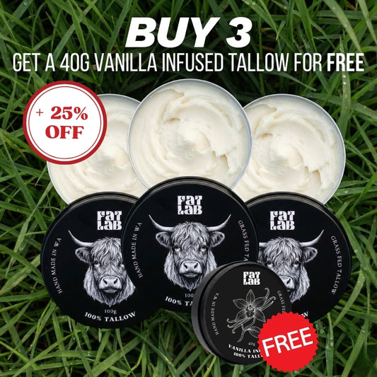 Pure Tallow Glow: 100% Beef Tallow Moisturiser: 3 Month Supply Bundle (25% Off + Free Vanilla Infused 100% Tallow 40g Jar)