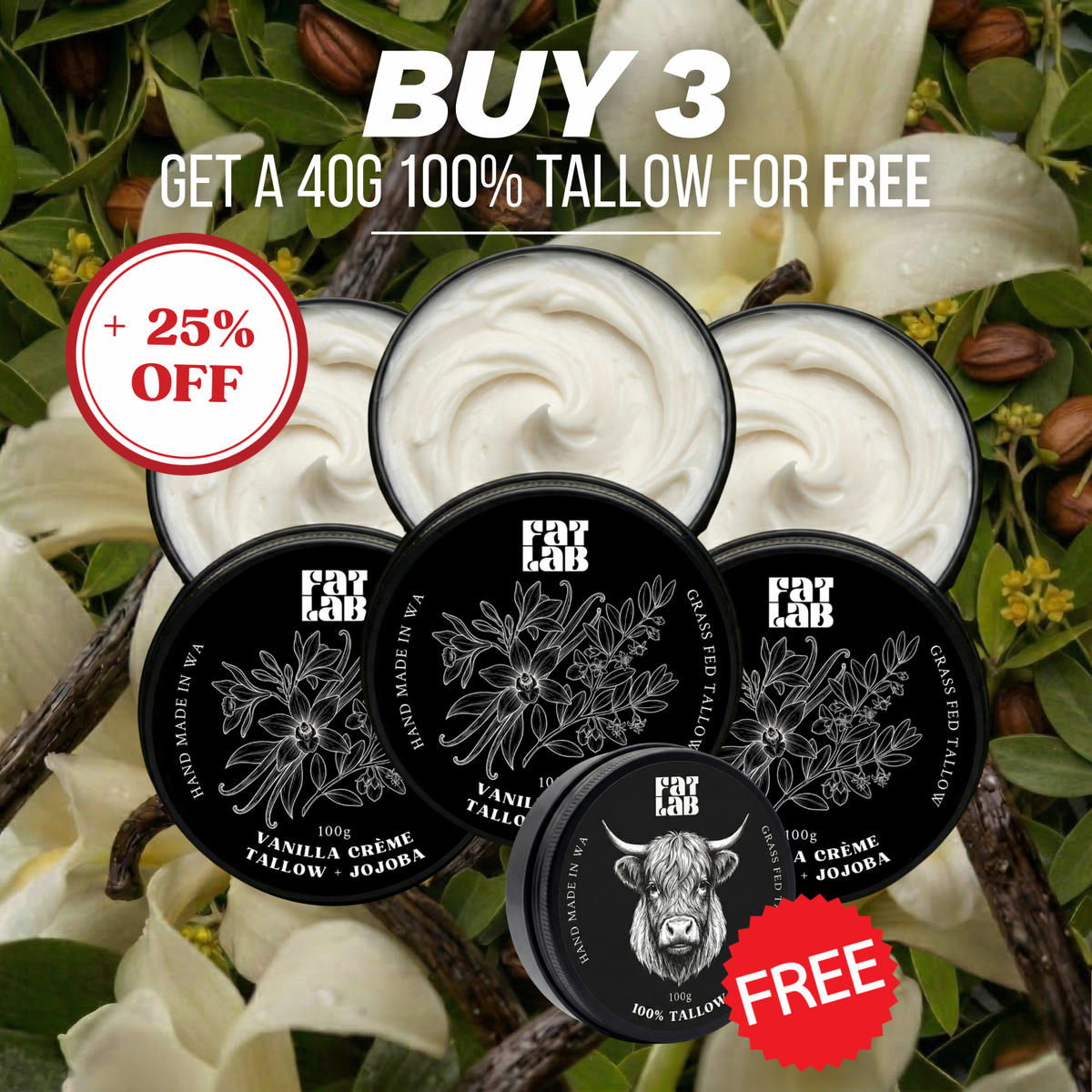 Vanilla Crème Tallow + Jojoba: 3 Month Supply Bundle (25% Off + Free Pure Tallow Glow 40g Jar)