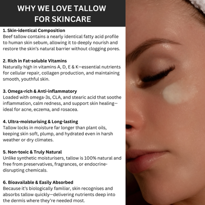 Skincare product application with text on benefits of tallow for skincare.